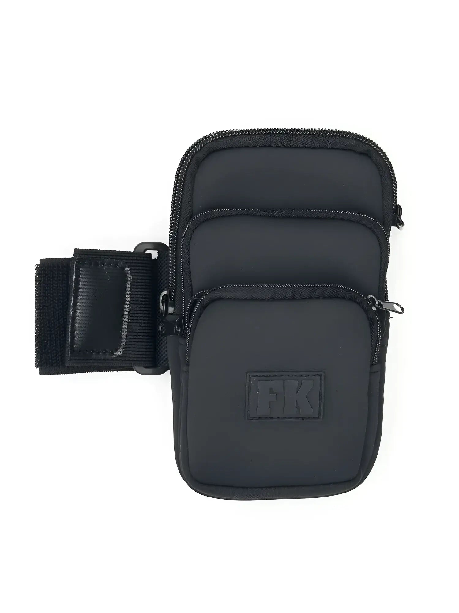 Black fk sport neoprene armband with three zippered compartments and adjustable strap for secure storage