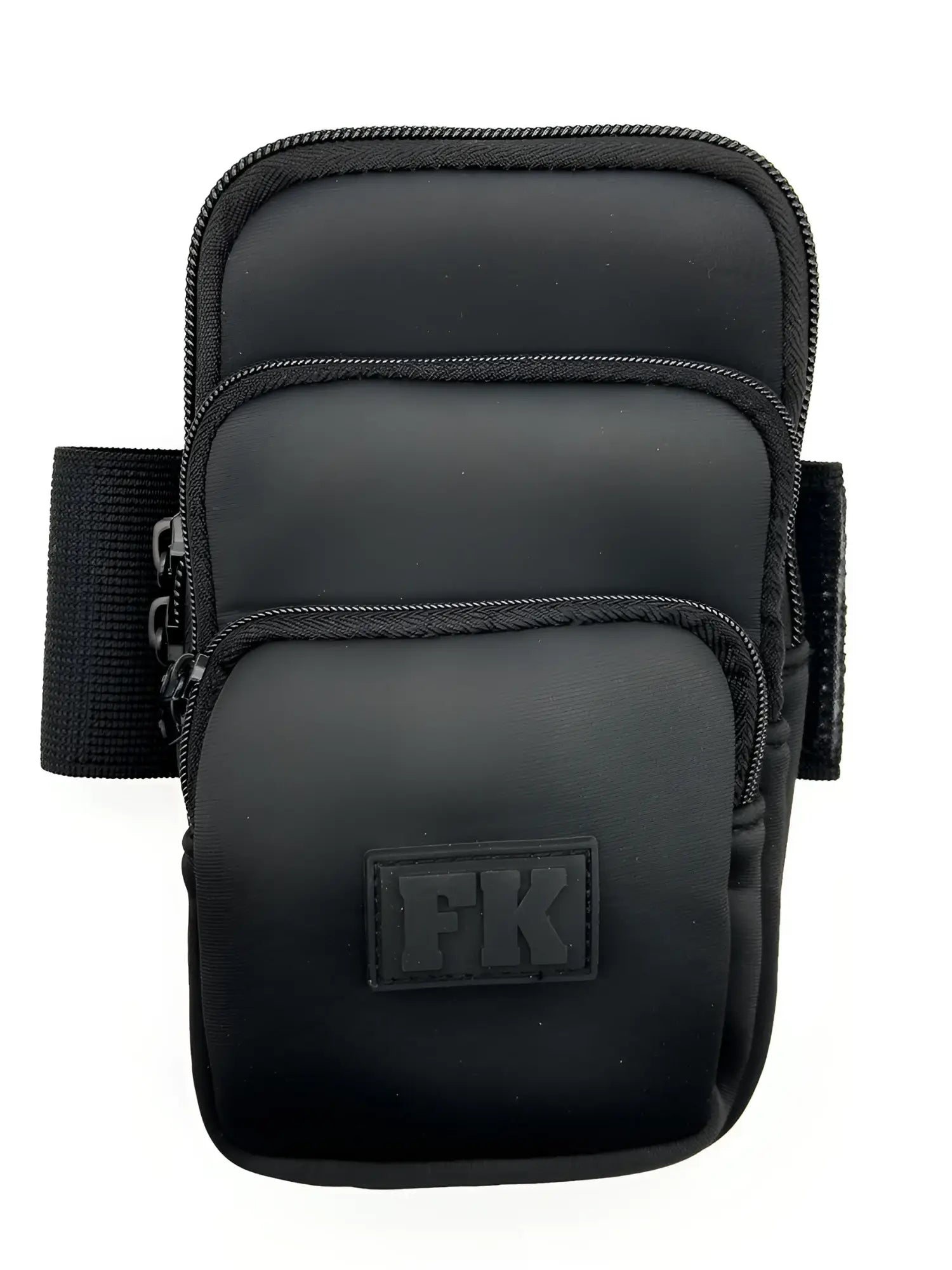 Black fk sport neoprene armband with three zippered pockets and textured fabric finish for secure storage
