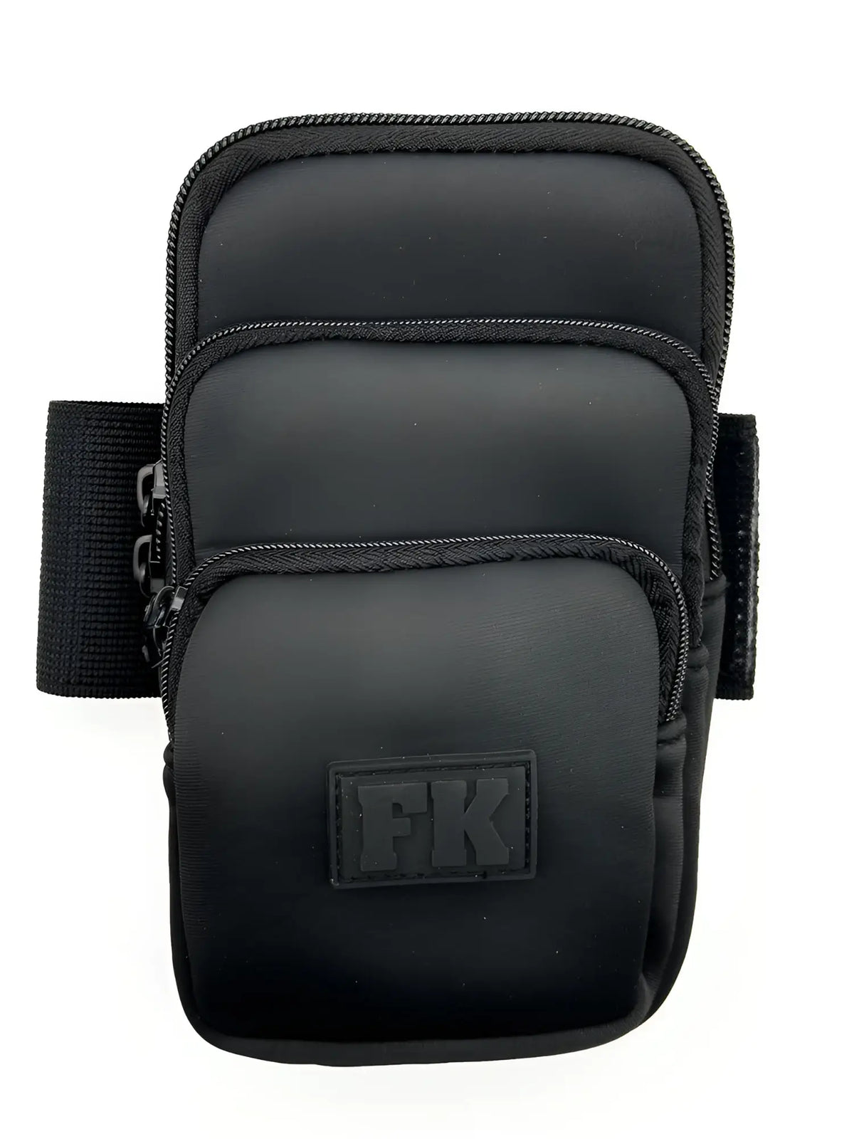 Black fk sport neoprene armband with three zippered pockets and textured fabric finish for secure storage
