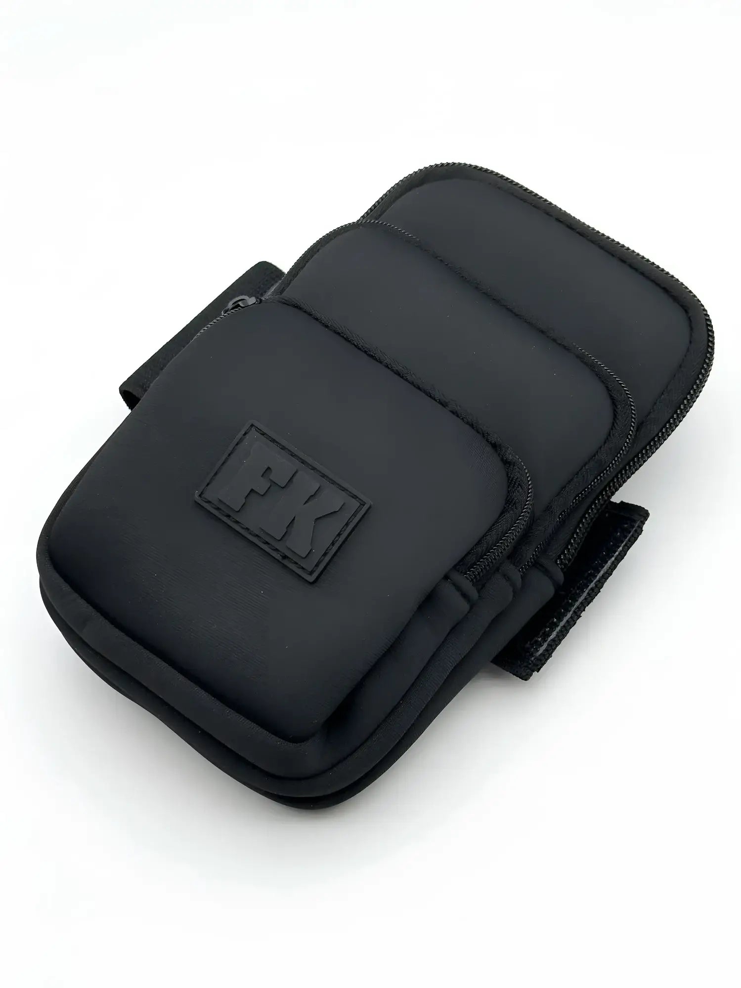 Black fk-branded neoprene wristlet with three zippered compartments and a sleek minimalist design for sports use