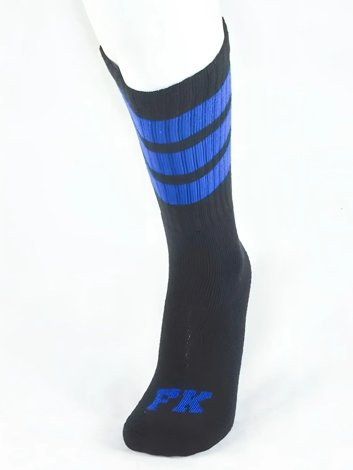 Fk sport black tube sock with three bold blue horizontal stripes and pk logo embroidered on the toe