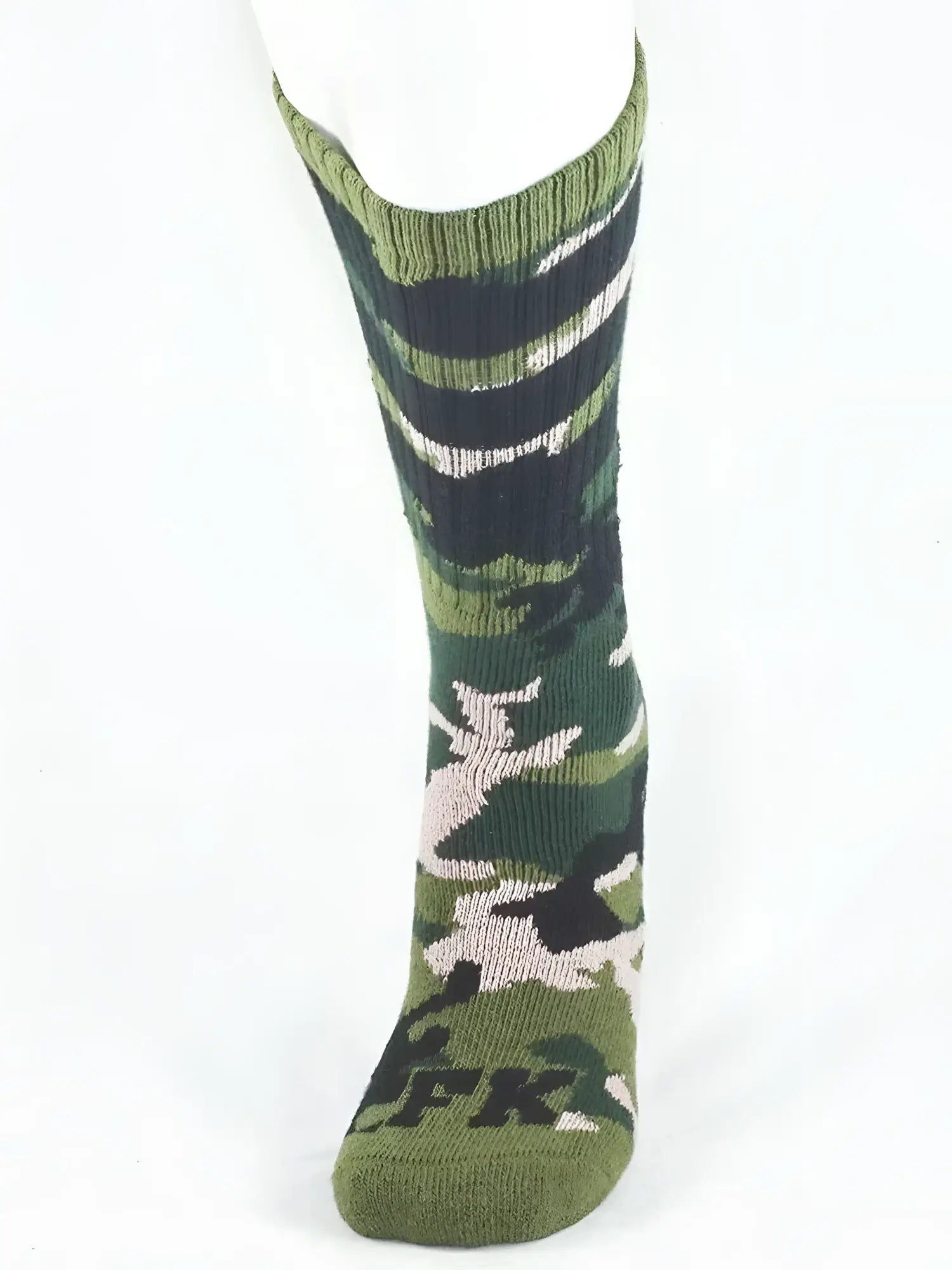 Green camouflage sport sock with black and white stripes and fk logo on the foot for athletic use
