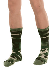 Fk sport camo sock green camouflage socks with black and beige patterns ribbed cuff and spk logo on the toe