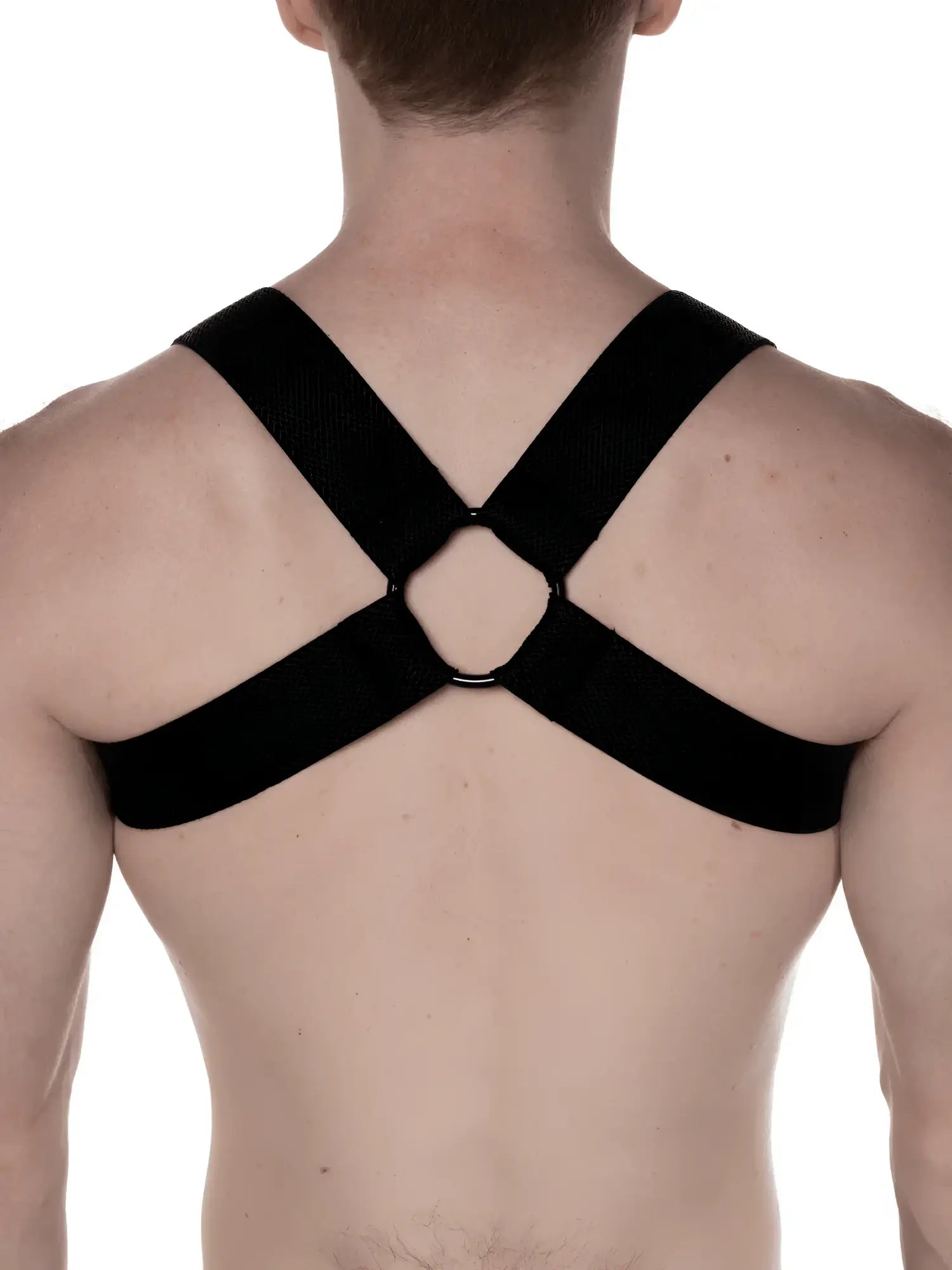 Black cross-back support strap with central ring on the back of fk sport chevron harness for athletic use