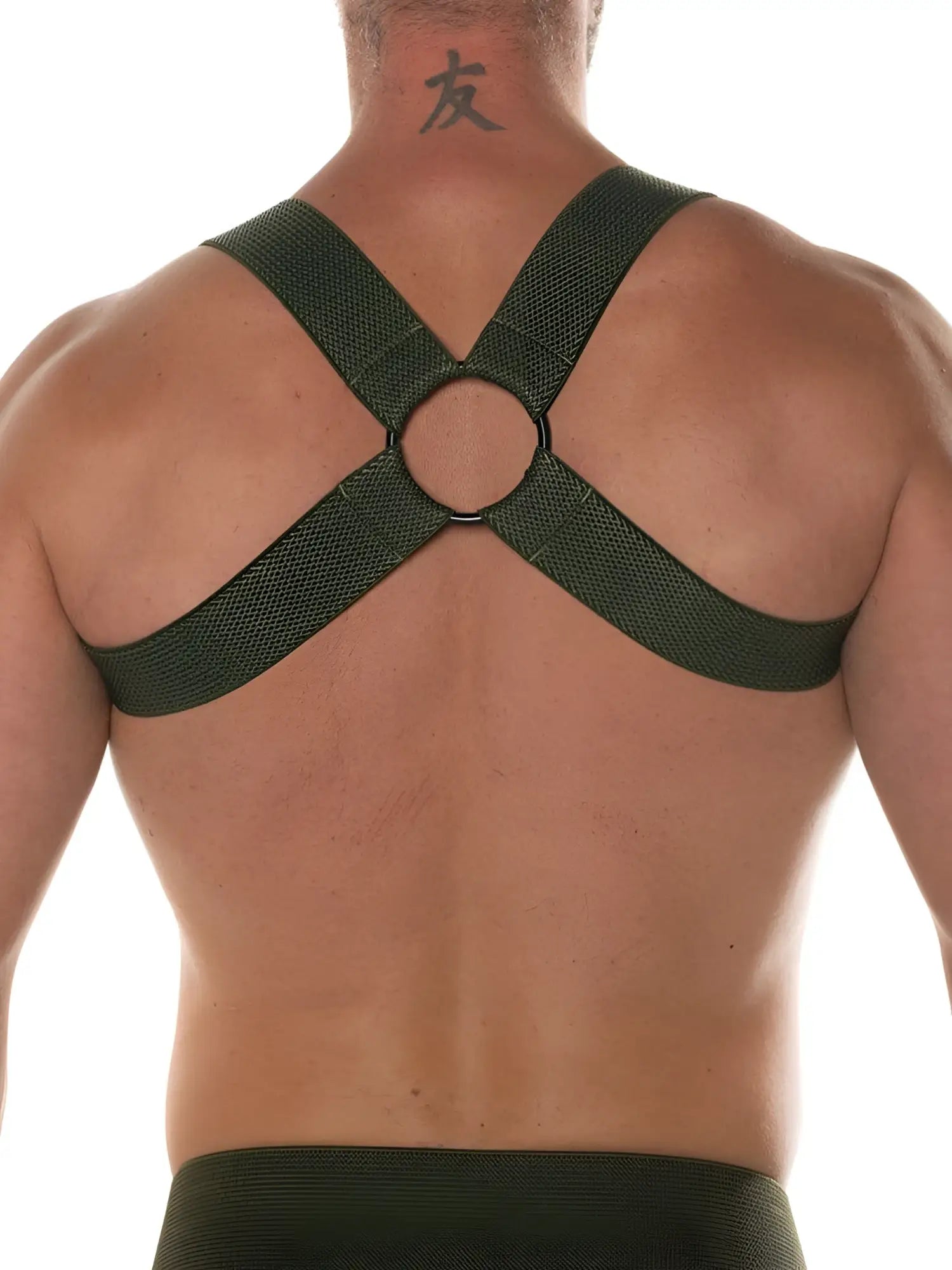 Dark green mesh fk sport chevron harness with central circular ring for secure fit and comfort