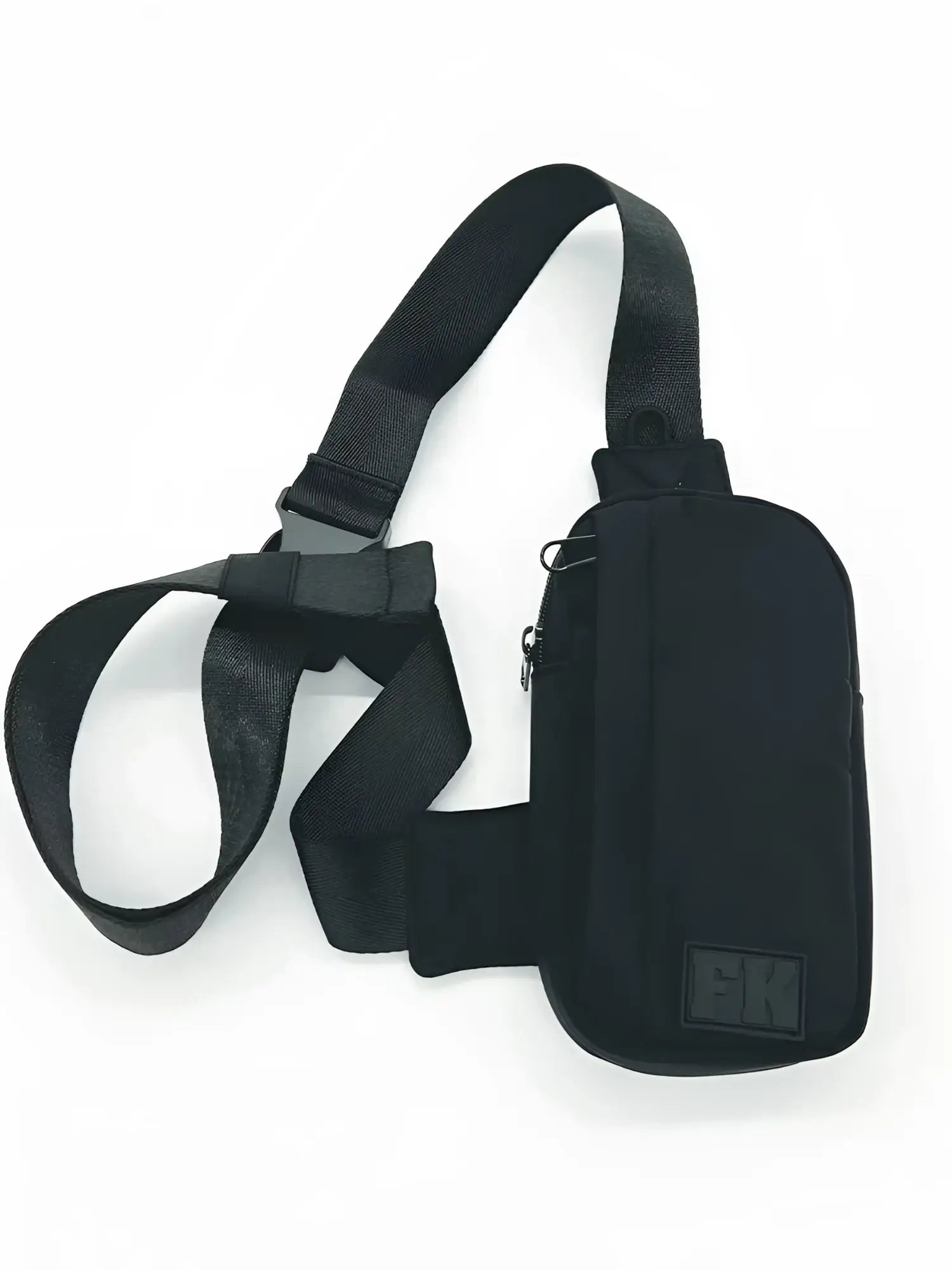 Black nylon FK sport crossbody bag with adjustable strap and zipper closure for hands-free carrying