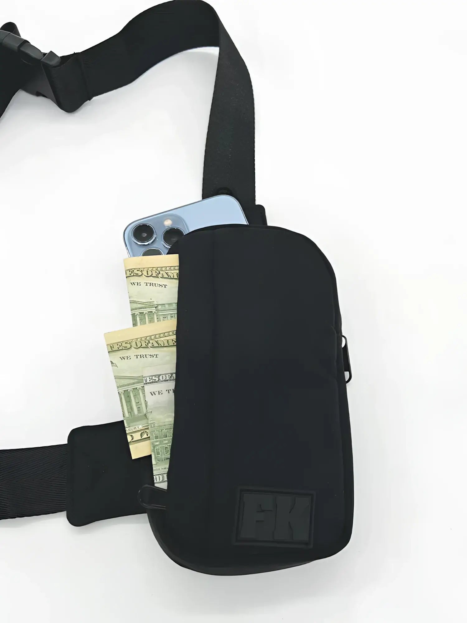 Black nylon fk sport cross body bag with adjustable strap and front zipper pocket for easy access and secure carry
