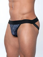 Black and navy blue FK SPORT briefs with white penis print line drawing pattern for athletic use
