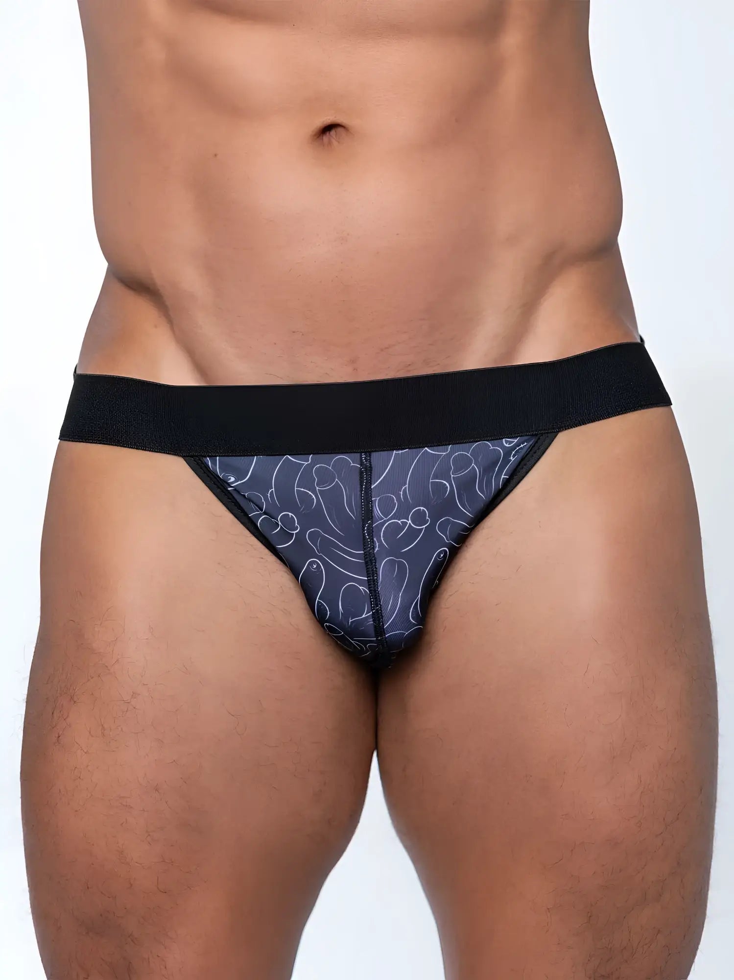 Dark blue fk sport penis print jock thong with white line drawing pattern and black elastic waistband front view