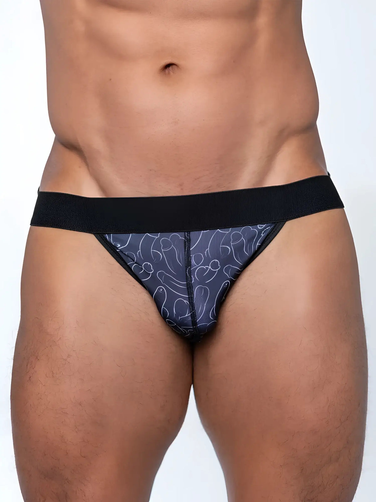 Dark blue fk sport penis print jock thong with white line drawing pattern and black elastic waistband front view
