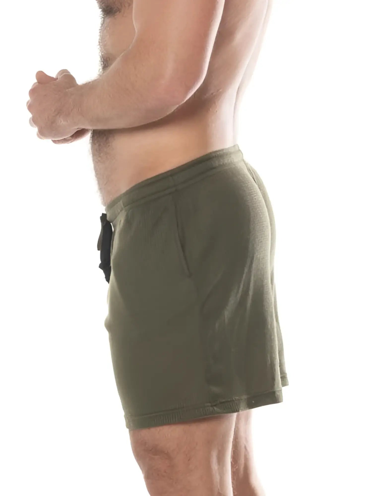 Olive green ribbed knit shorts with black drawstring waistband from fk sport for comfortable casual wear