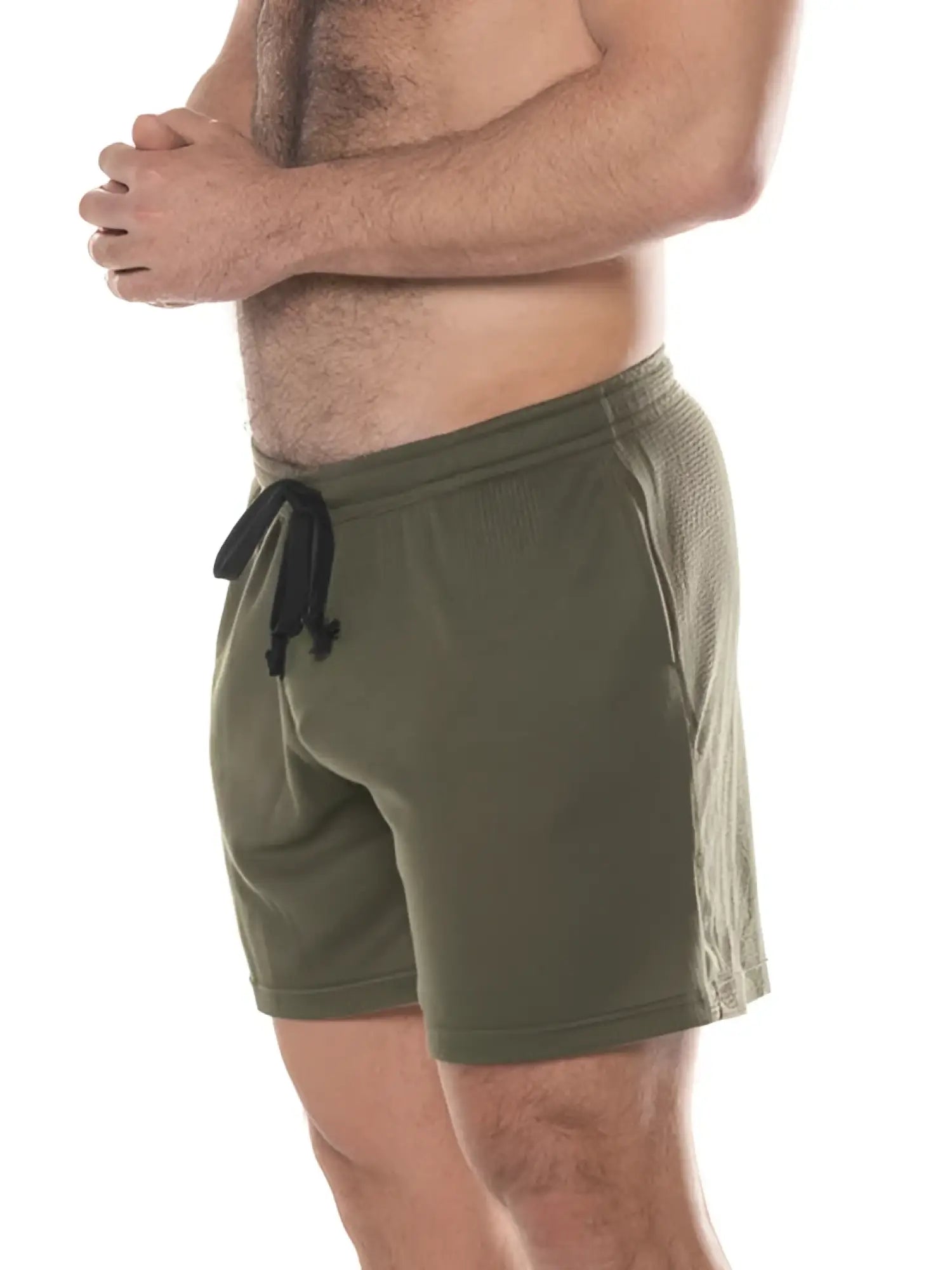 Olive green waffle-knit fk sport swinger shorts with black drawstring for casual athletic wear