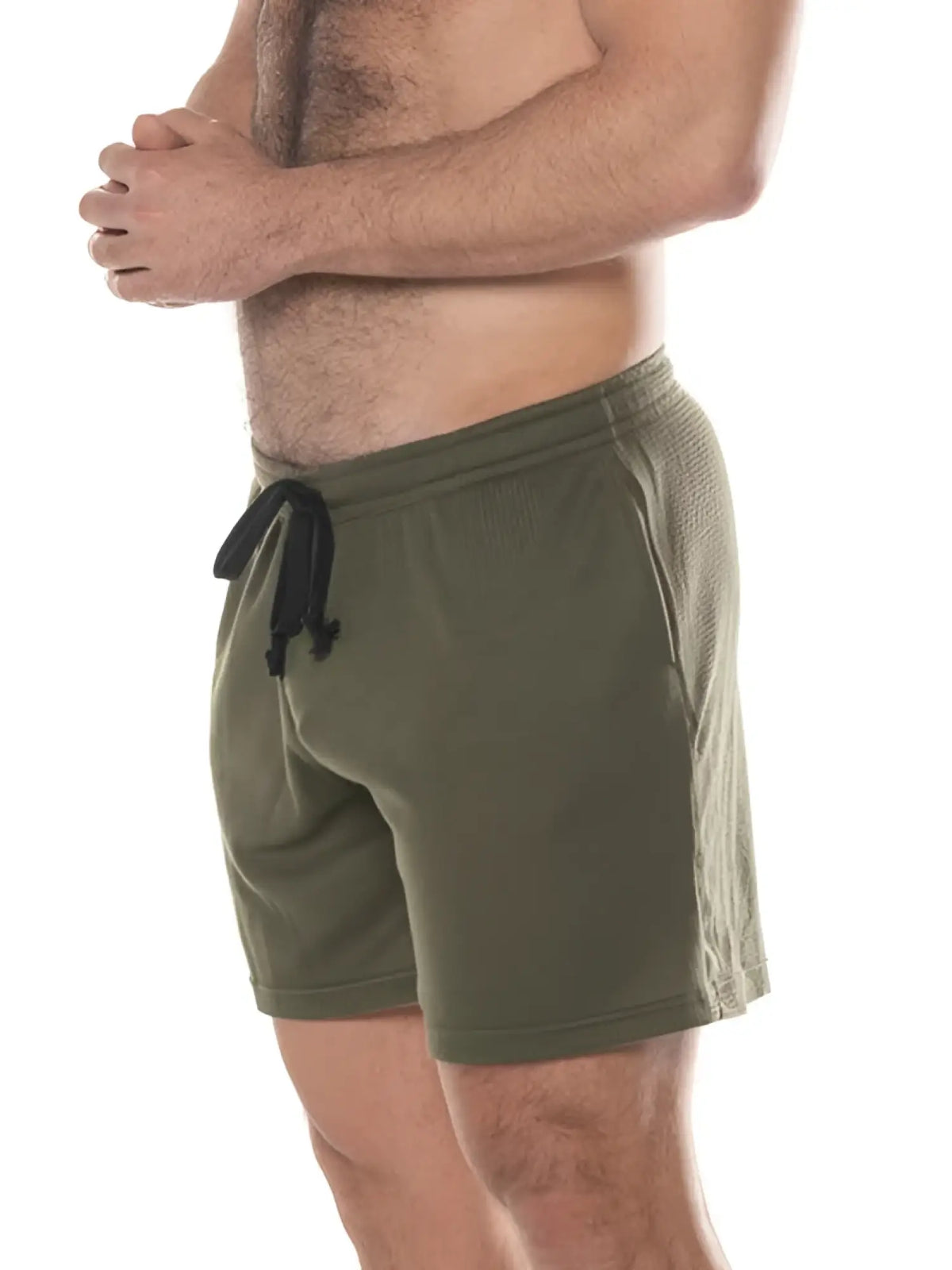 Olive green waffle-knit fk sport swinger shorts with black drawstring for casual athletic wear