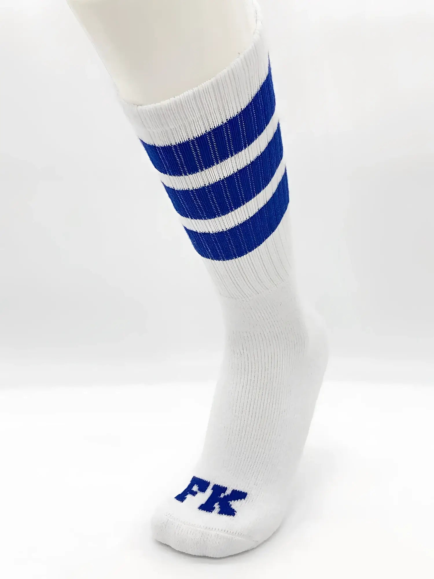 Fk sport white tube sock featuring three bold blue stripes and an embroidered fk logo on the toe