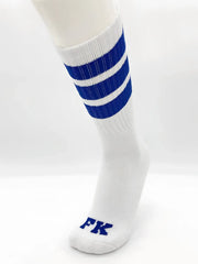 Fk sport white tube sock featuring three bold blue stripes and an embroidered fk logo on the toe