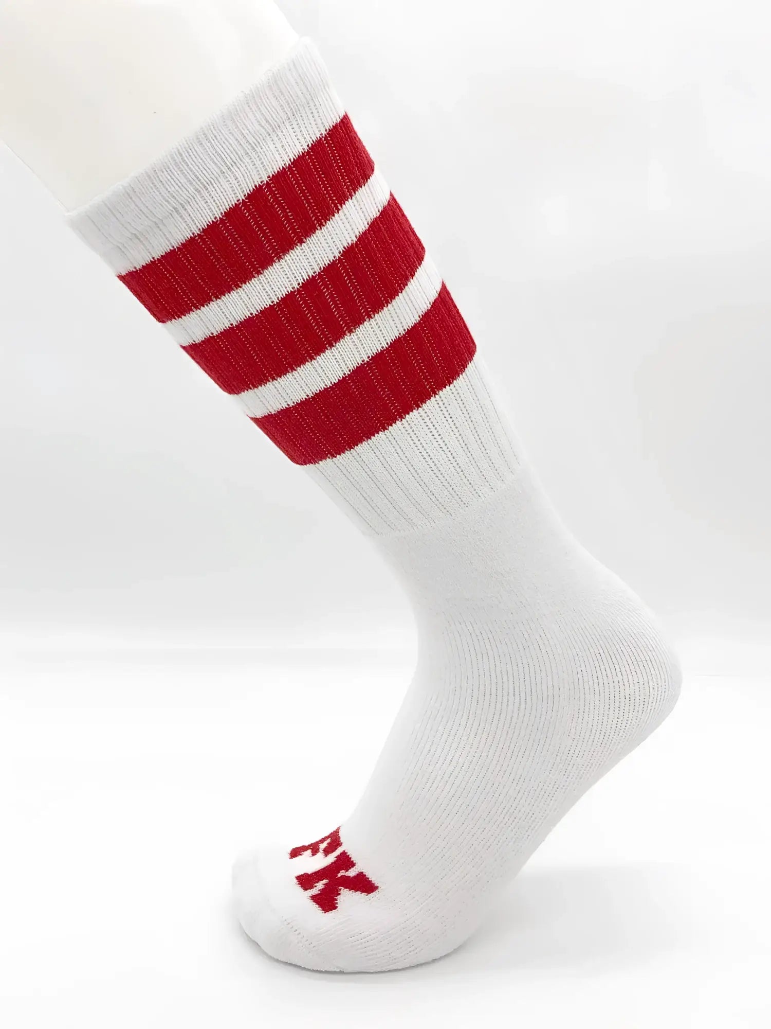 Fk sport white tube sock with three bold red stripes near the top and a small red logo on the toe