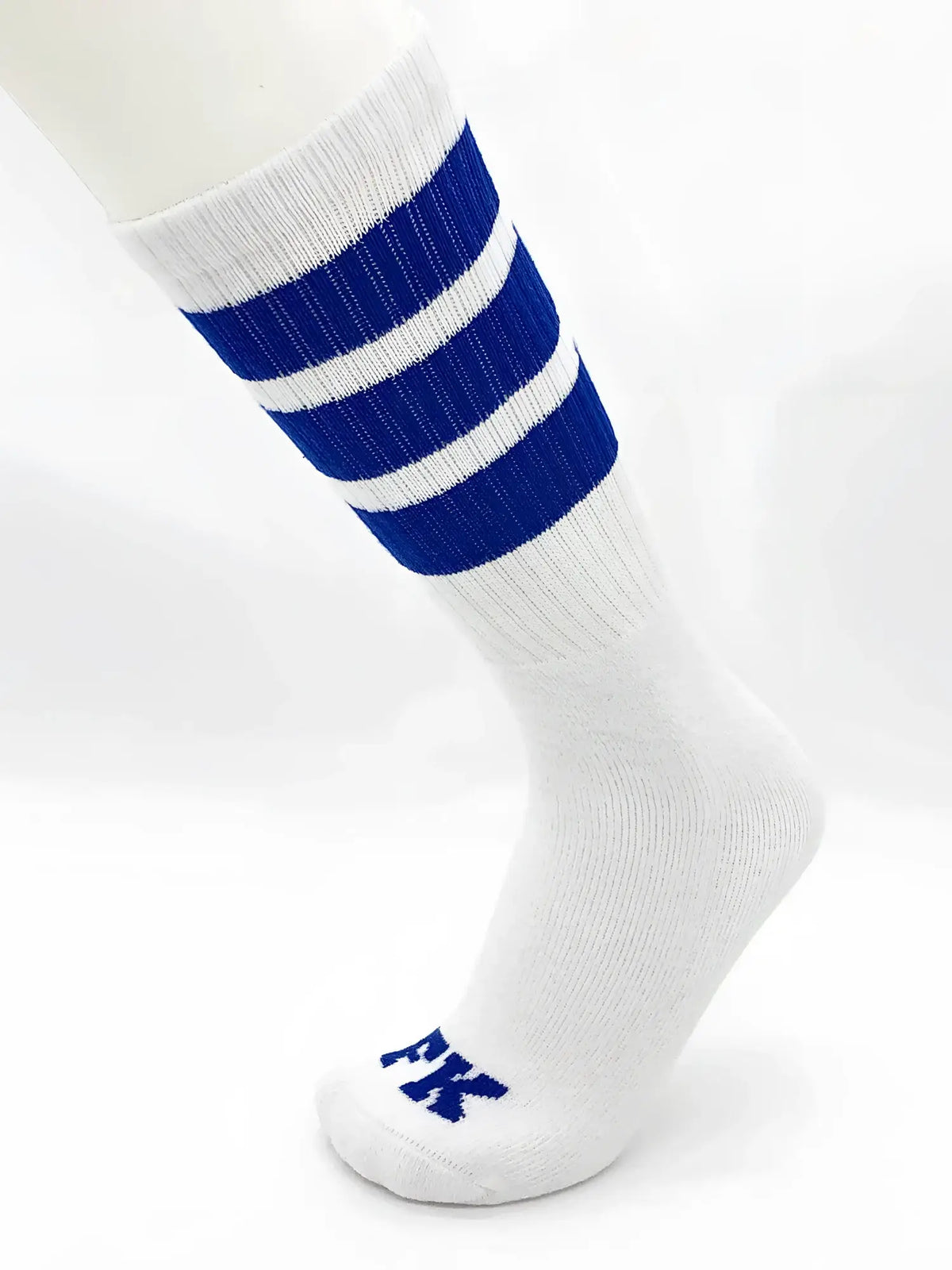 White athletic tube sock with three bold blue stripes and small fk logo embroidered on the toe for sports use