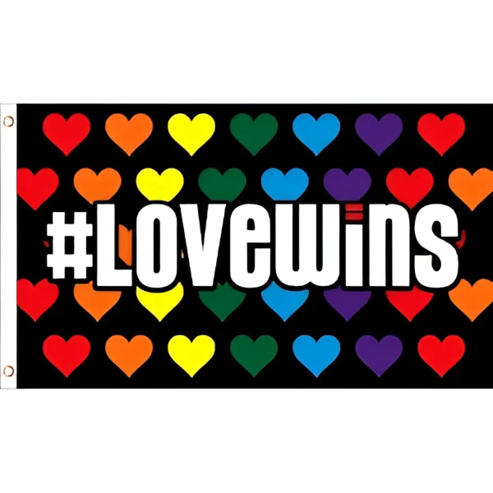 Black flag with rainbow hearts and bold white text love wins for pride and equality celebration displays