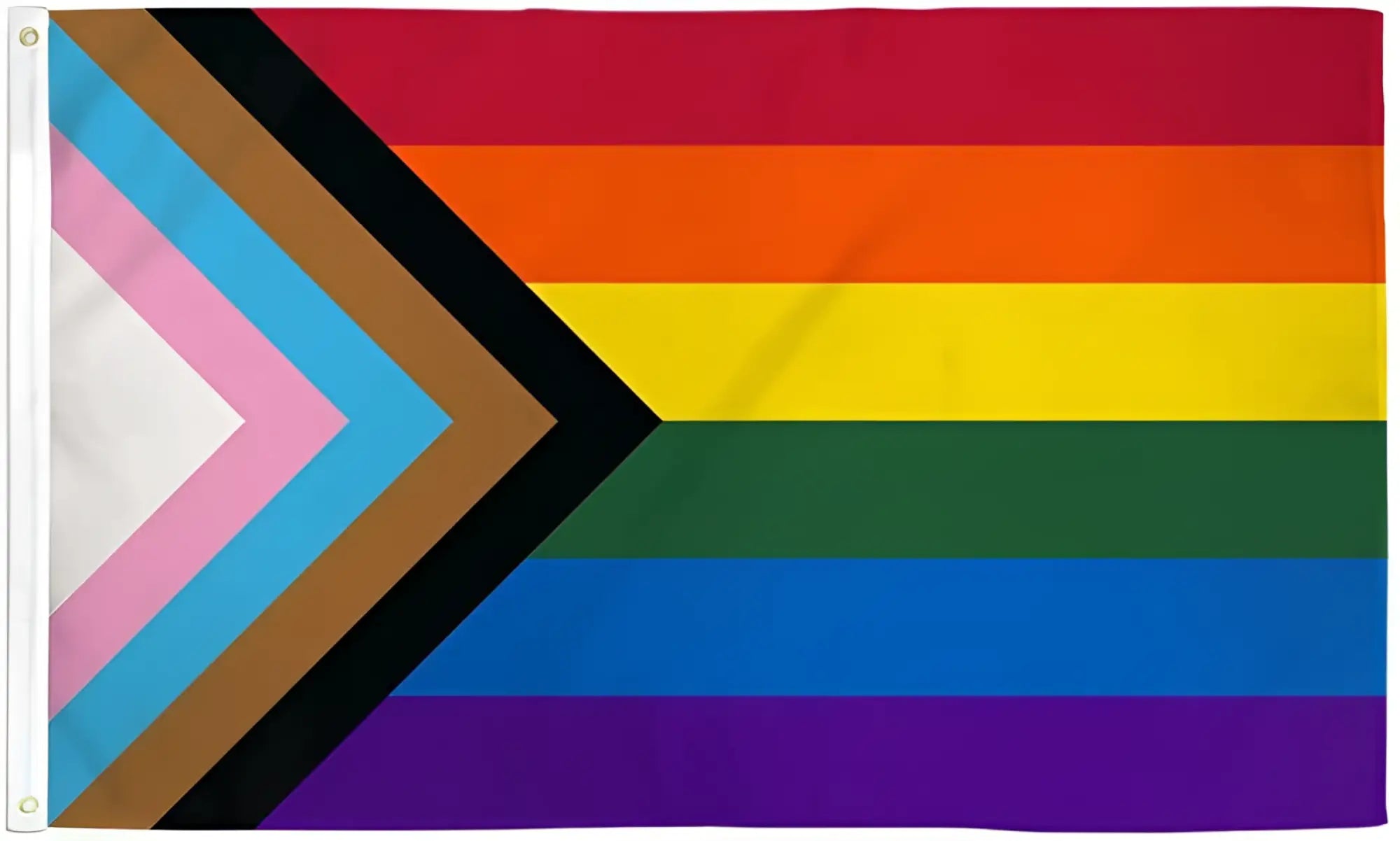 A vibrant multi-colored progress pride flag with rainbow diagonal stripes and an arrowhead pattern in the corner