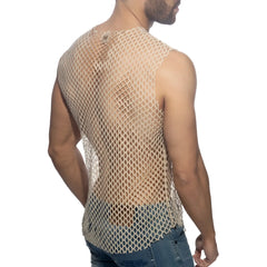 Beige flamoyant tank top with diamond-shaped mesh net pattern and a small button at the neckline