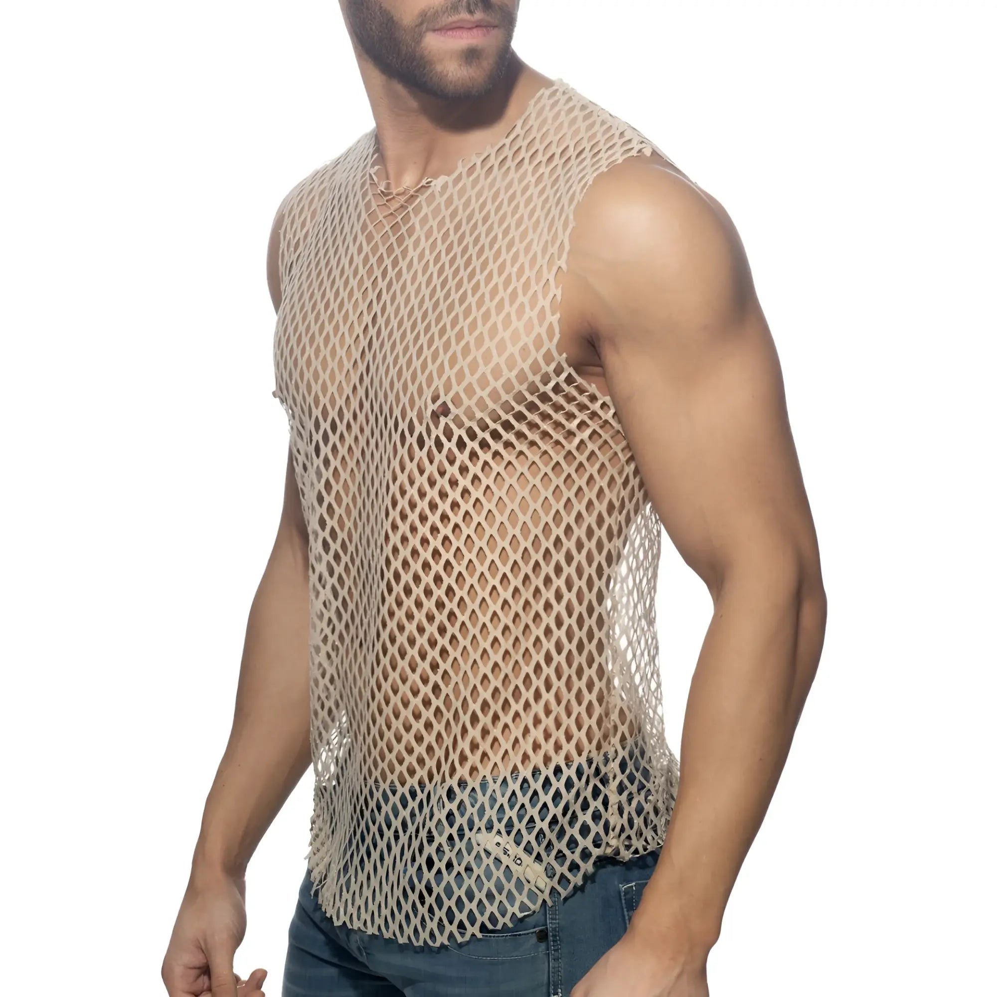 Beige mesh sleeveless flamboyant tank top with a fitted, form-fitting design for stylish casual wear