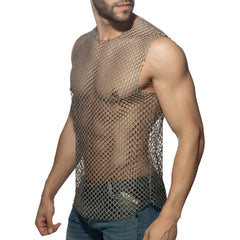 Flamboyant tank top metallic chainmail sleeveless top with dark gray mesh design and interlocking links