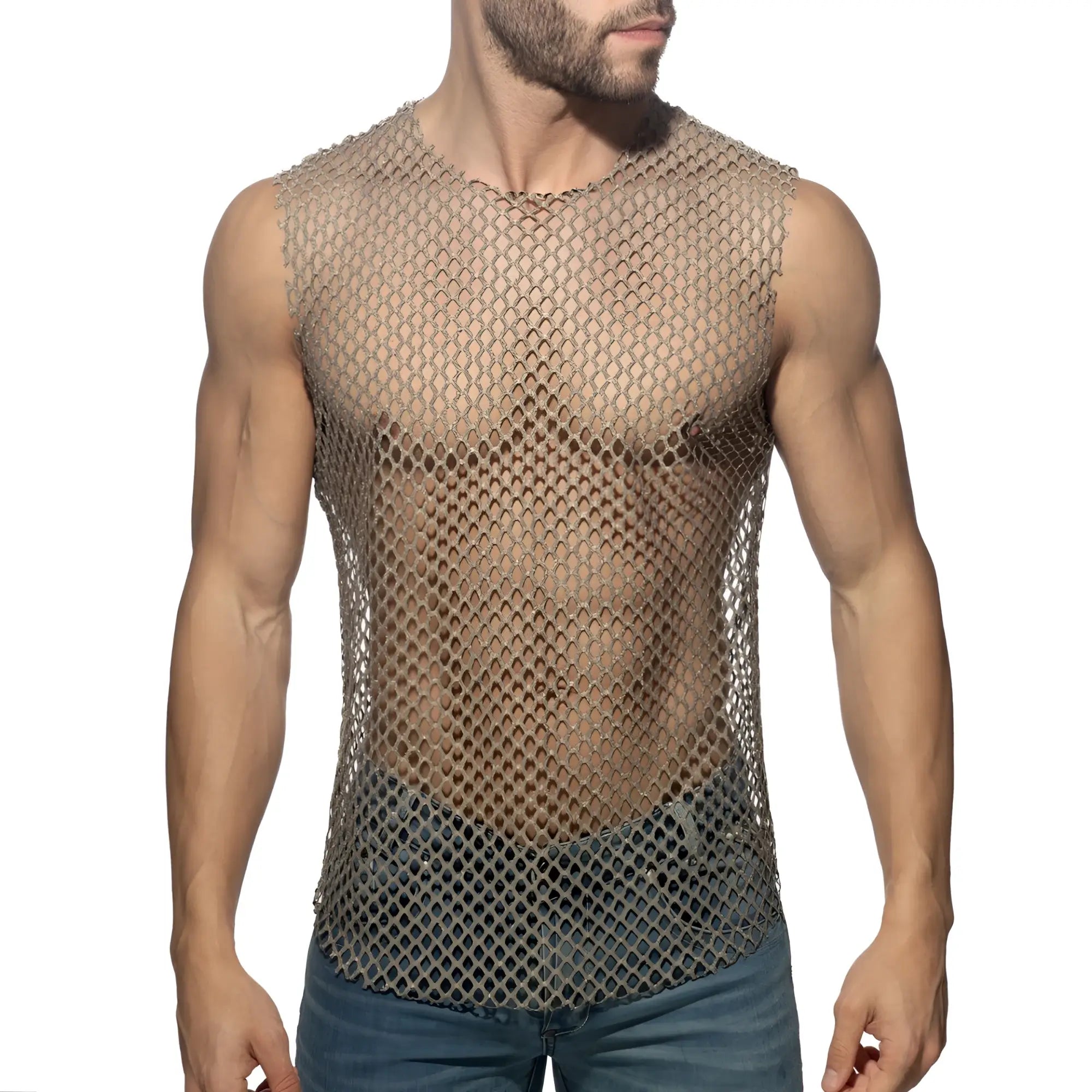 Flamboyant tank top metallic chainmail sleeveless with tight diamond patterned mesh design in silver tone