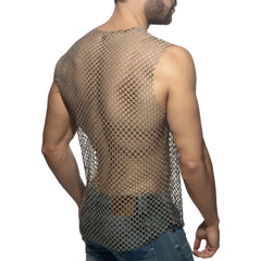 Flamboyant tank top metallic mesh with diamond-patterned design and subtle sheen in silver color
