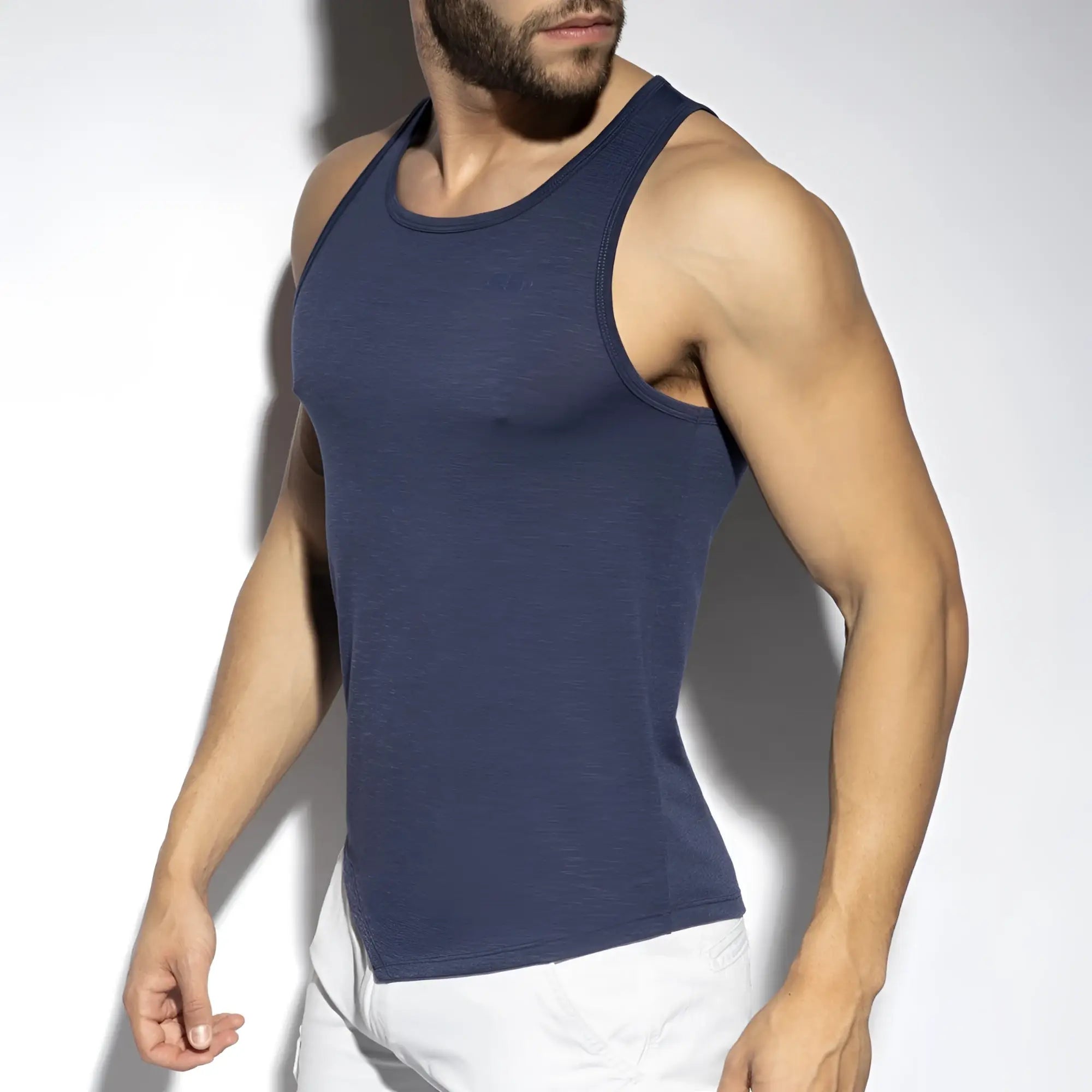 Navy blue ribbed cotton flame tank top featuring a sleeveless design for casual and active wear