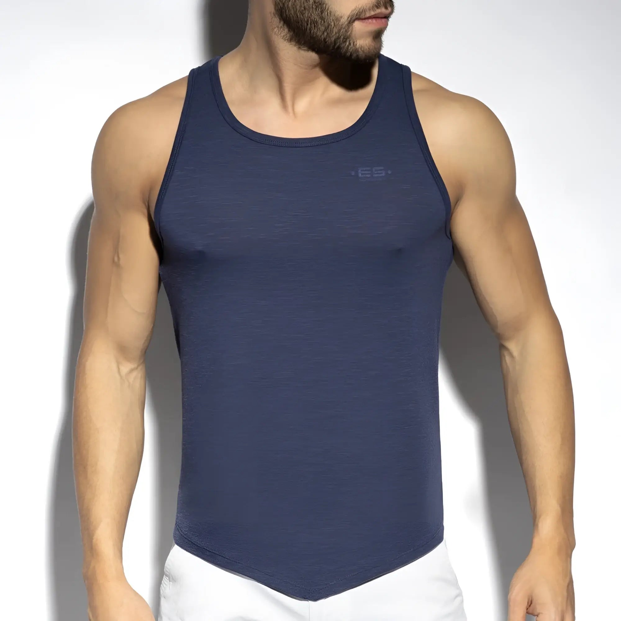 Navy blue textured flame tank top with a subtle logo on the chest made from breathable fabric for active wear