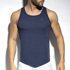 Navy blue textured flame tank top with a subtle logo on the chest made from breathable fabric for active wear