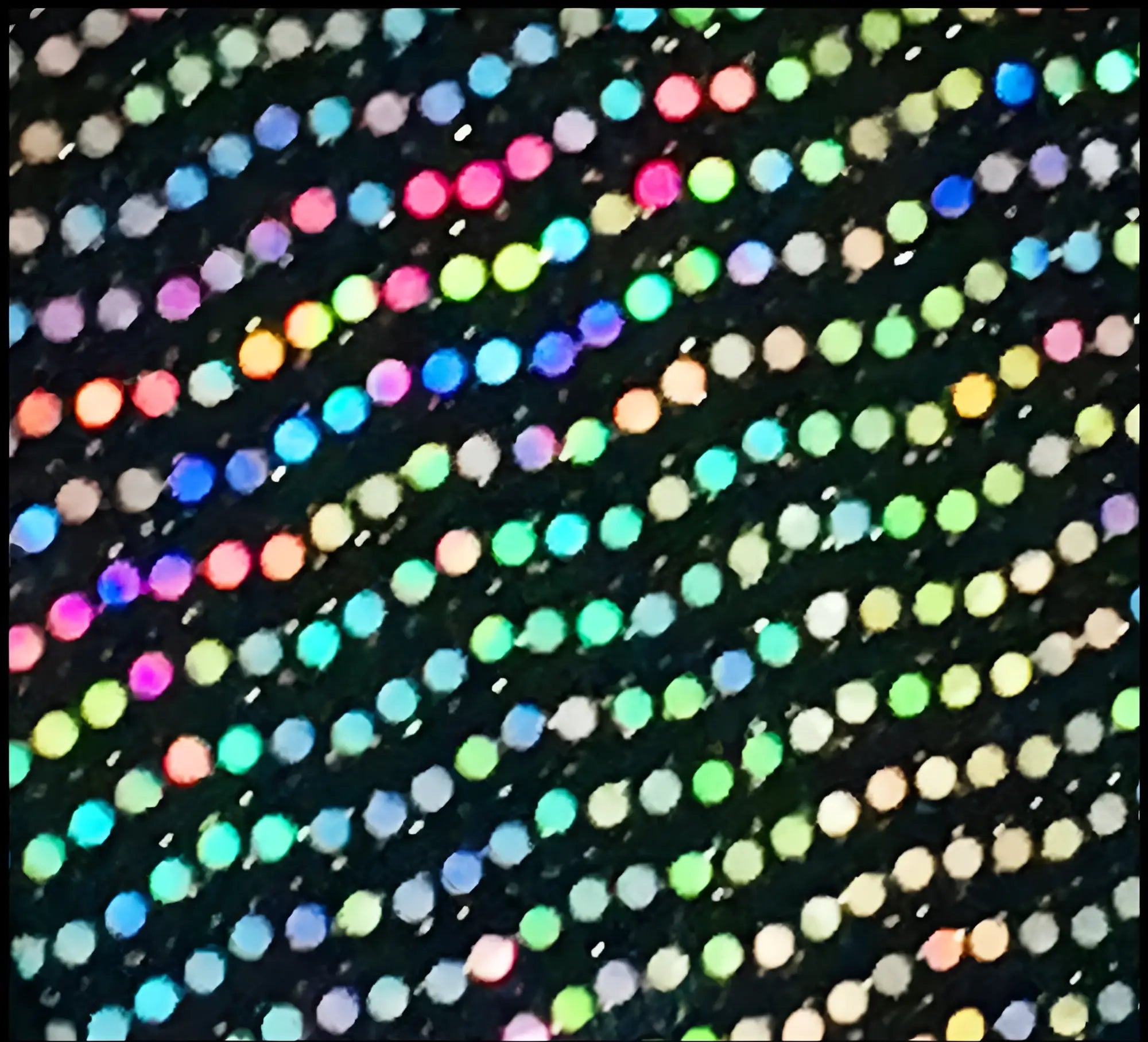 Black fabric flat sequin hooded crop top with dense multicolored iridescent pink blue green yellow silver sequins