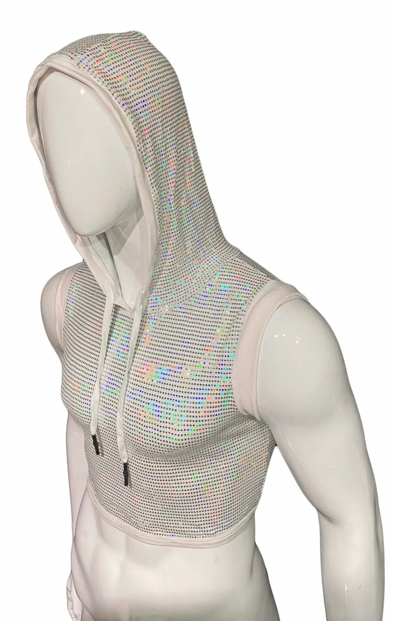 Flat sequin hooded crop top with a shimmering iridescent sequined mesh texture and white drawstrings