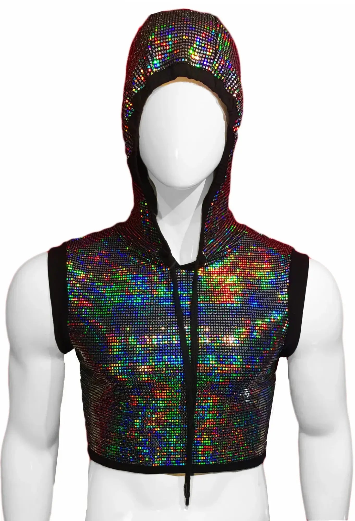 A sleeveless cropped hoodie with black trim and iridescent flat sequins reflecting rainbow hues and a front zipper