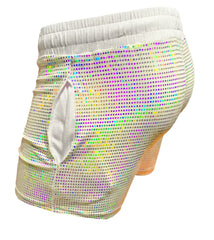 Shiny iridescent flat sequin shorts with a white elastic waistband and small front pocket for stylish wear