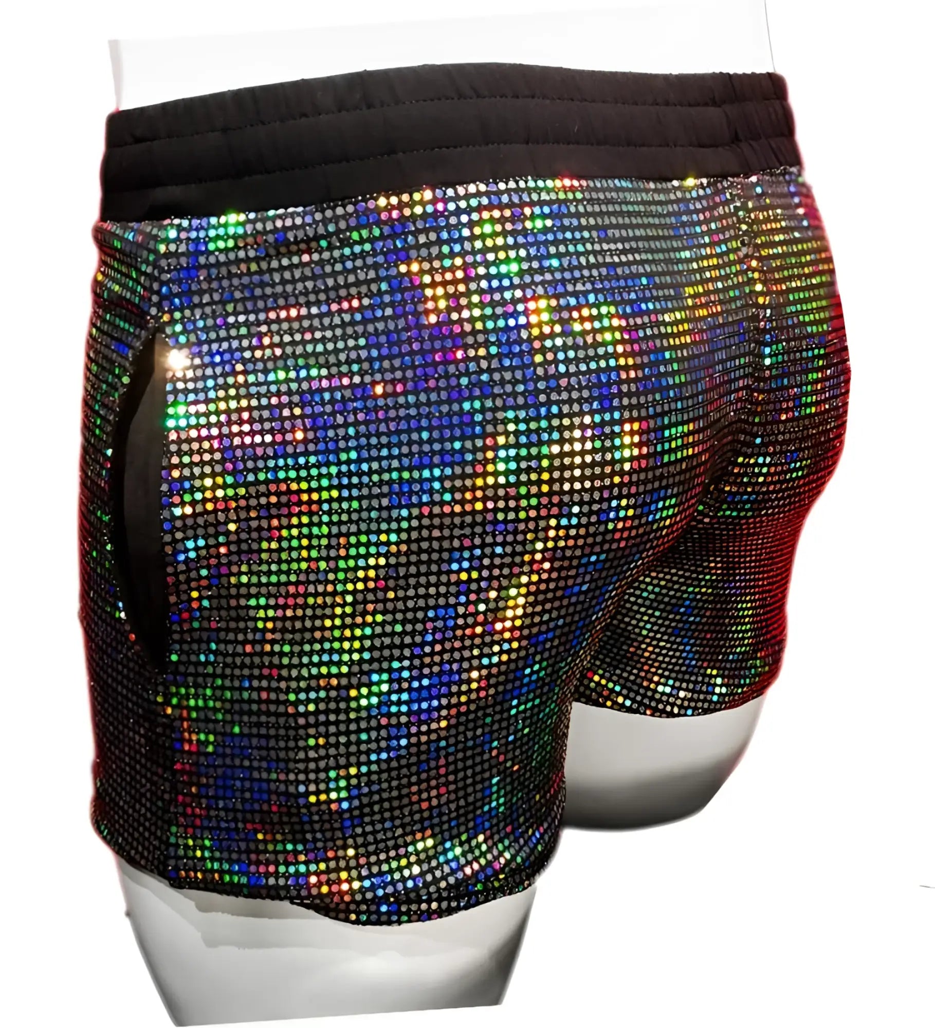 Shiny flat sequin shorts with rainbow hues and a black elastic waistband perfect for festive occasions