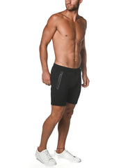 Black fleece flex-cotton stretch shorts with sleek modern design and subtle vertical zipper detail on the side
