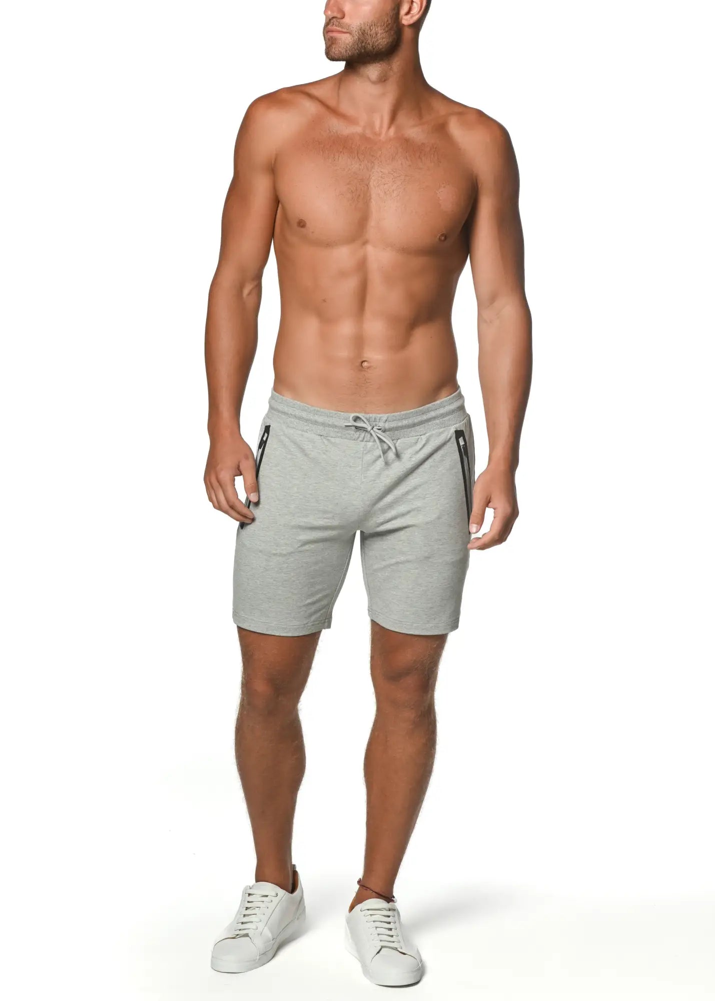 Gray fleece flex-cotton stretch athletic shorts with black side zipper accents and drawstring waistband for comfort