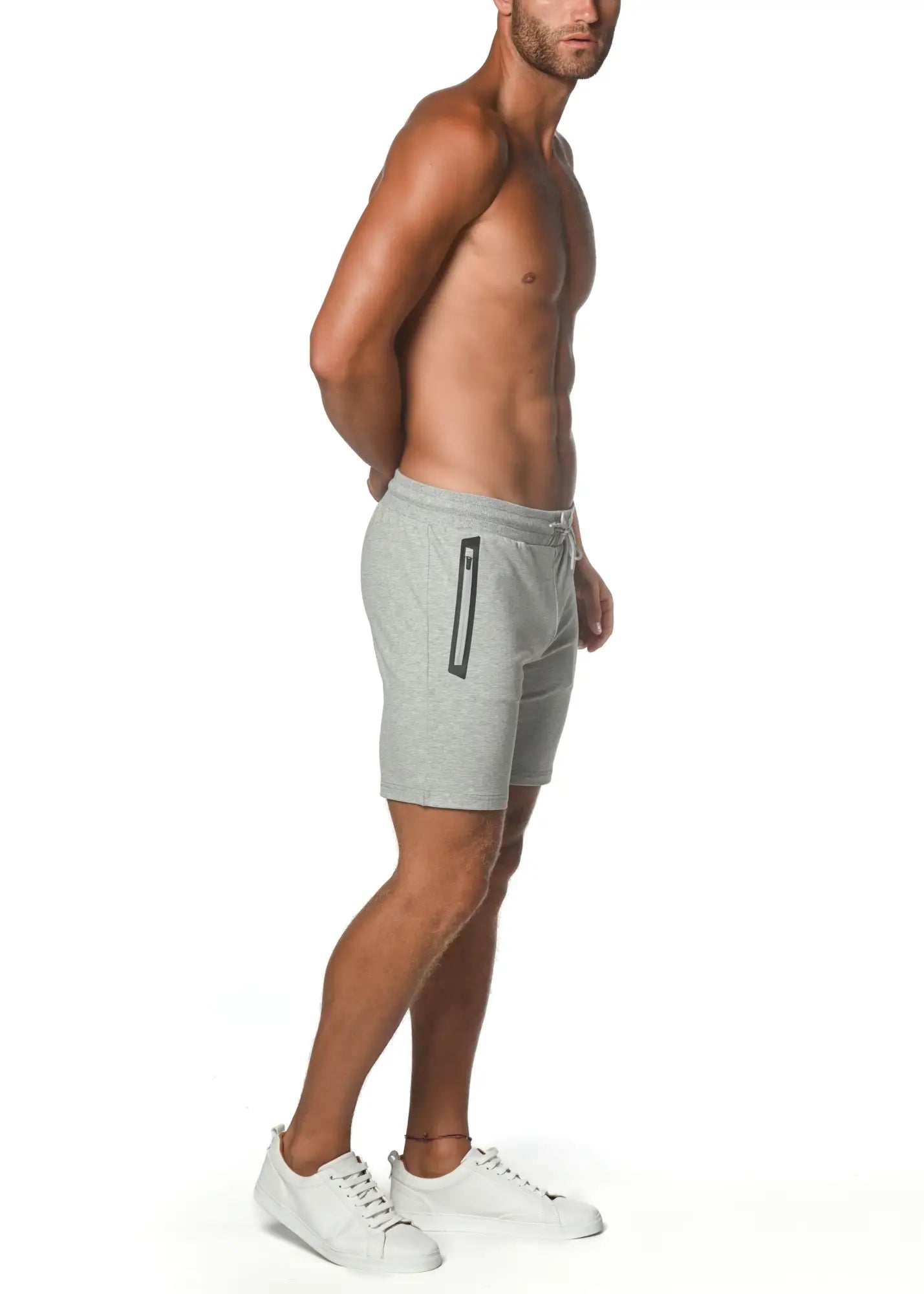 Gray fleece flex-cotton stretch shorts with a black zipper pocket on the side for athletic use