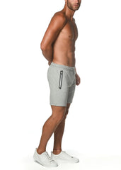 Gray fleece flex-cotton stretch shorts with a black zipper pocket on the side for athletic use