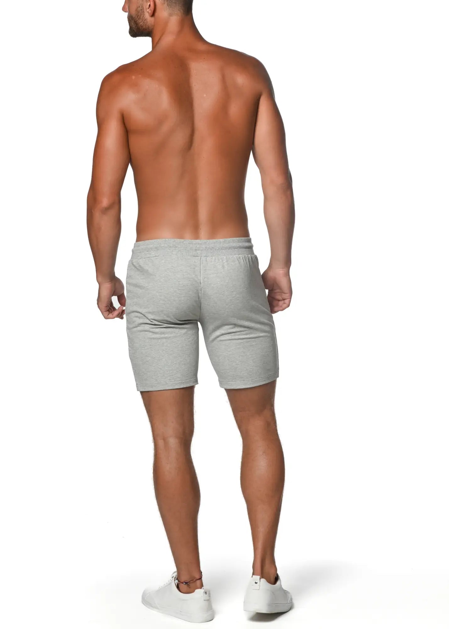 Gray heathered fleece flex-cotton stretch shorts with relaxed fit and elastic waistband for comfortable wear