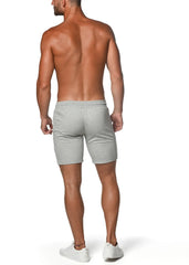 Gray heathered fleece flex-cotton stretch shorts with relaxed fit and elastic waistband for comfortable wear
