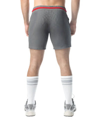 Flex rugby short gray mesh athletic shorts with red elastic waistband designed for sports and training