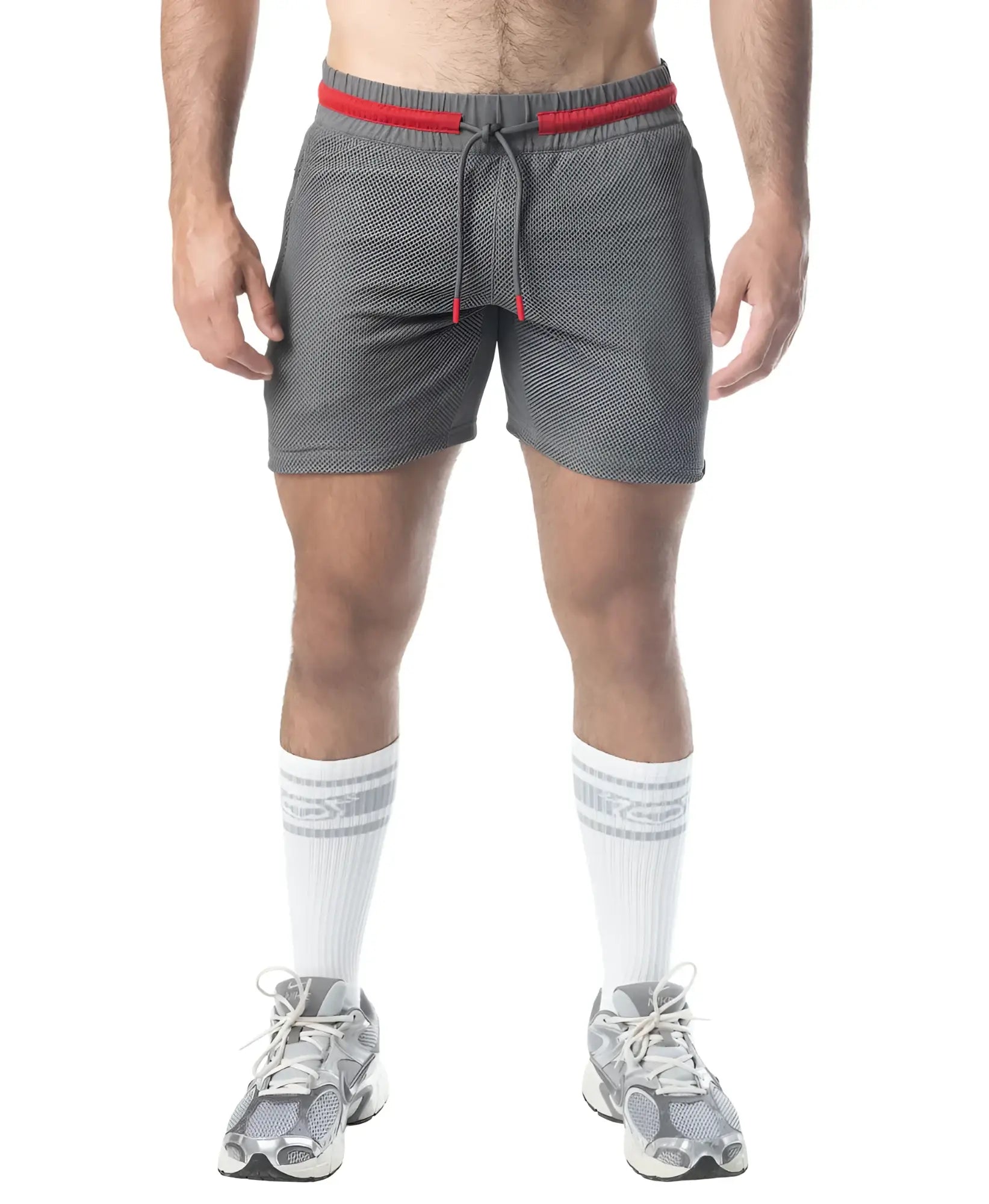 Flex rugby short gray mesh athletic shorts with red waistband and matching drawstring for sports use