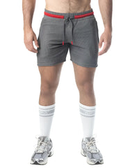 Flex rugby short gray mesh athletic shorts with red waistband and matching drawstring for sports use