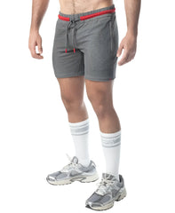 Flex rugby short gray mesh shorts with a red elastic waistband and matching drawstring for athletic use