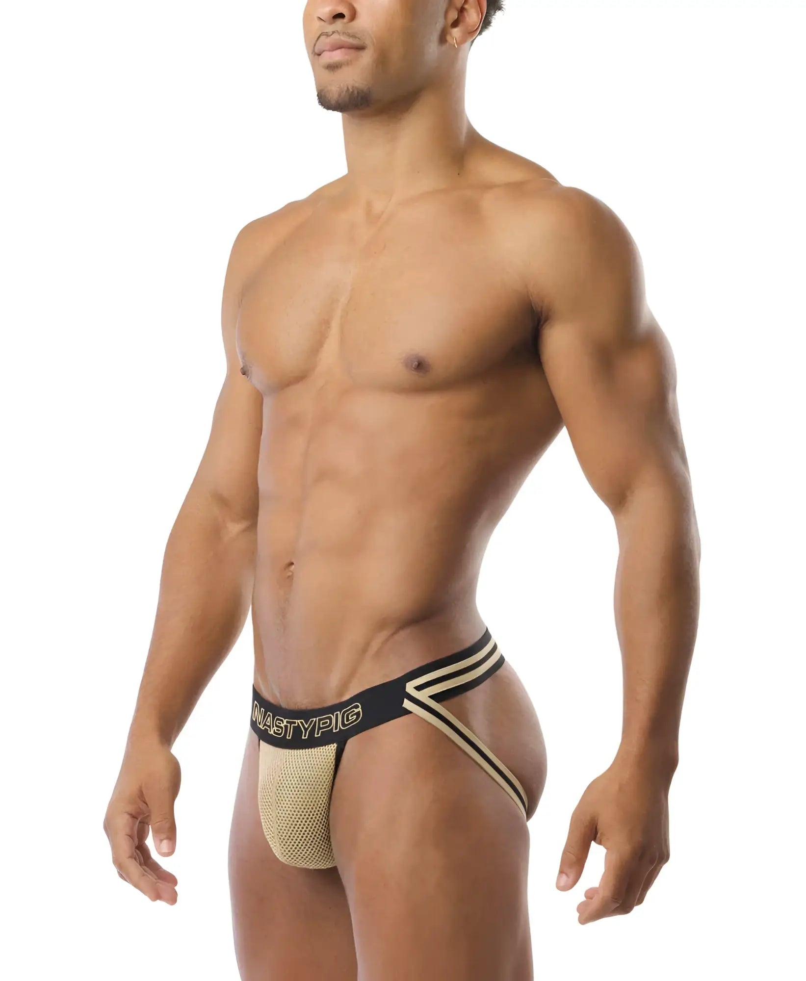 Beige mesh flip it jockstrap briefs with black elastic waistband gold trim and mastypic brand name