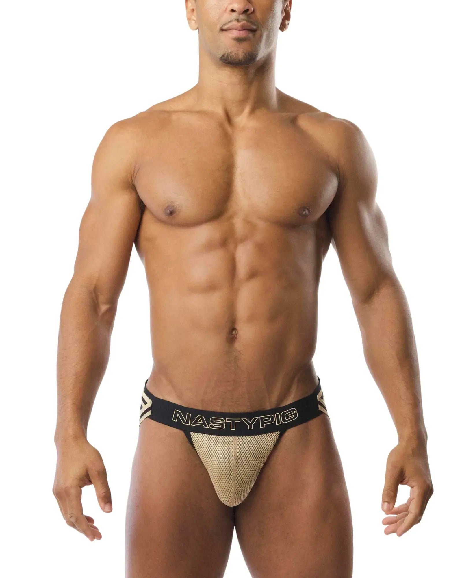 Gold mesh flip it jockstrap briefs with black waistband featuring nastypig branding