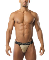 Gold mesh flip it jockstrap briefs with black waistband featuring nastypig branding
