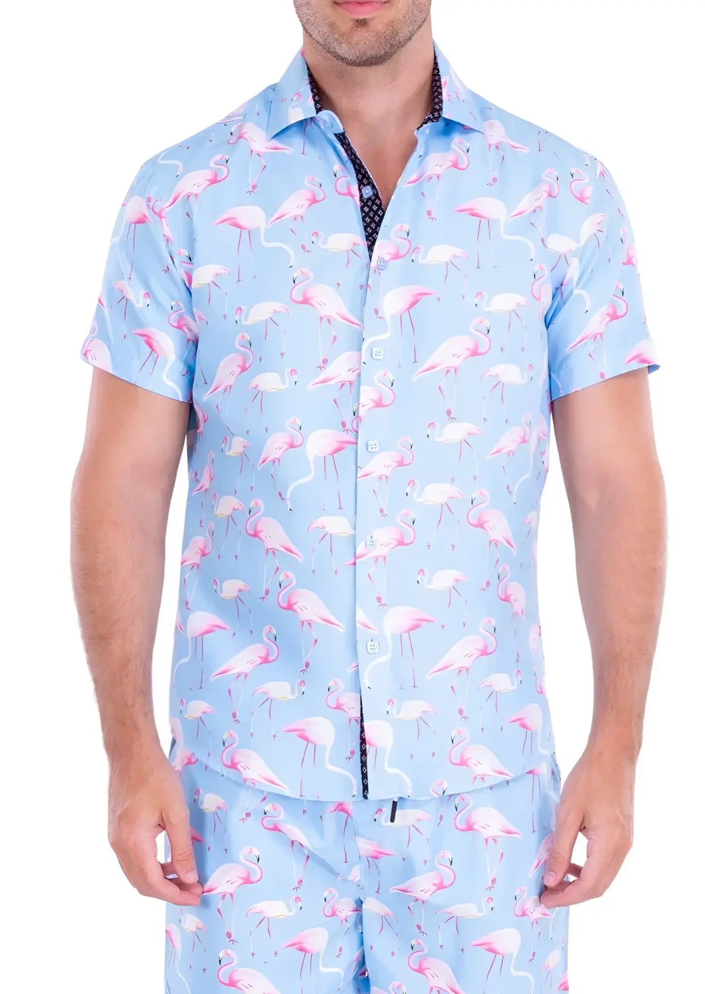 Light blue flocktail hour short-sleeved button-up shirt with pink flamingo pattern perfect for casual wear